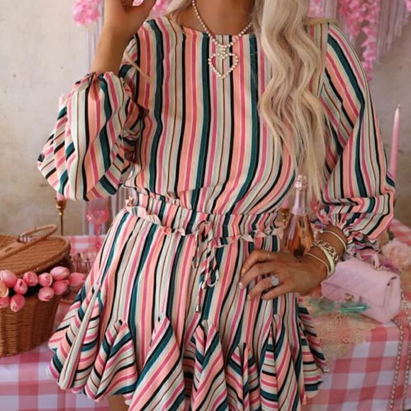 Striped High Waisted Mini Dress, M - Picture 1 of 8